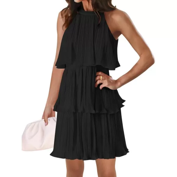 imageZESICA Womens 2024 Summer Halter Dresses Sleeveless Ruffle Tiered Layered Chiffon Pleated A Line Swing Mini DressDark Black