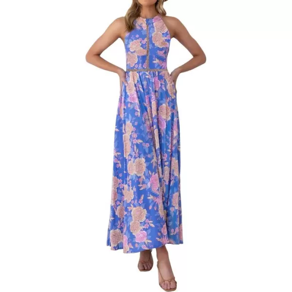 imageZESICA Womens 2024 Summer Halter Neck Floral Print Backless Split Beach Party Maxi DressBluishviolet