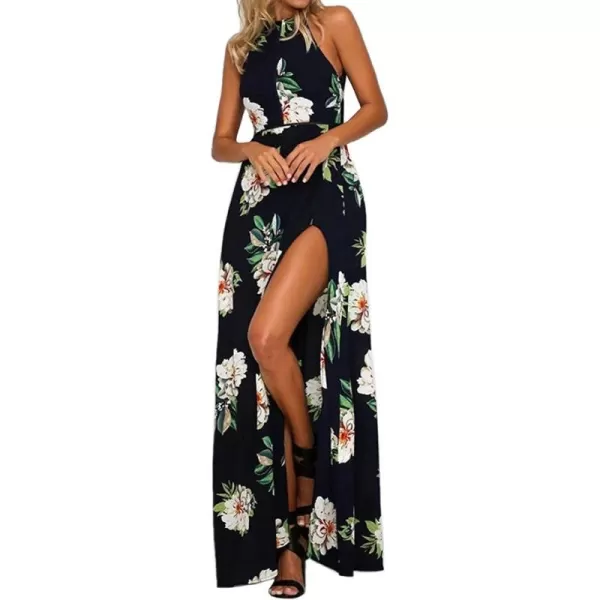 imageZESICA Womens 2024 Summer Halter Neck Floral Print Backless Split Beach Party Maxi DressDark Blue