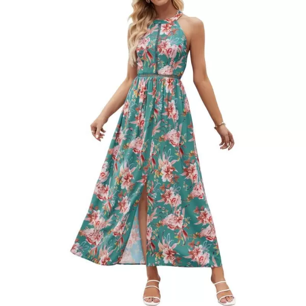imageZESICA Womens 2024 Summer Halter Neck Floral Print Backless Split Beach Party Maxi DressGreen