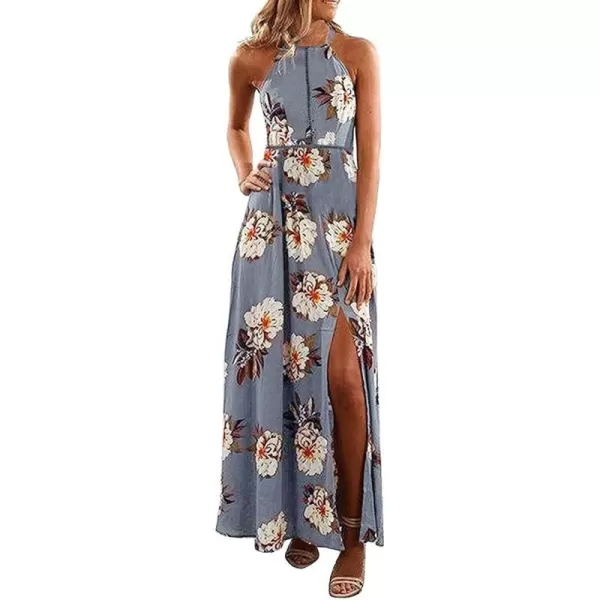 imageZESICA Womens 2024 Summer Halter Neck Floral Print Backless Split Beach Party Maxi DressGrey