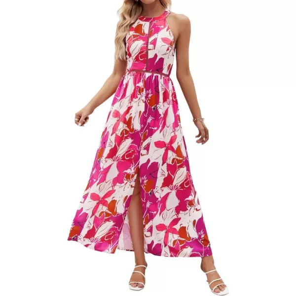 imageZESICA Womens 2024 Summer Halter Neck Floral Print Backless Split Beach Party Maxi DressRose