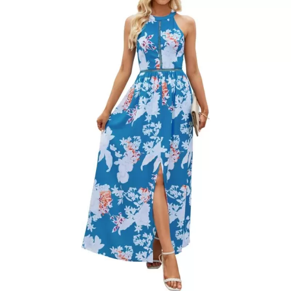 imageZESICA Womens 2024 Summer Halter Neck Floral Print Backless Split Beach Party Maxi DressTeal