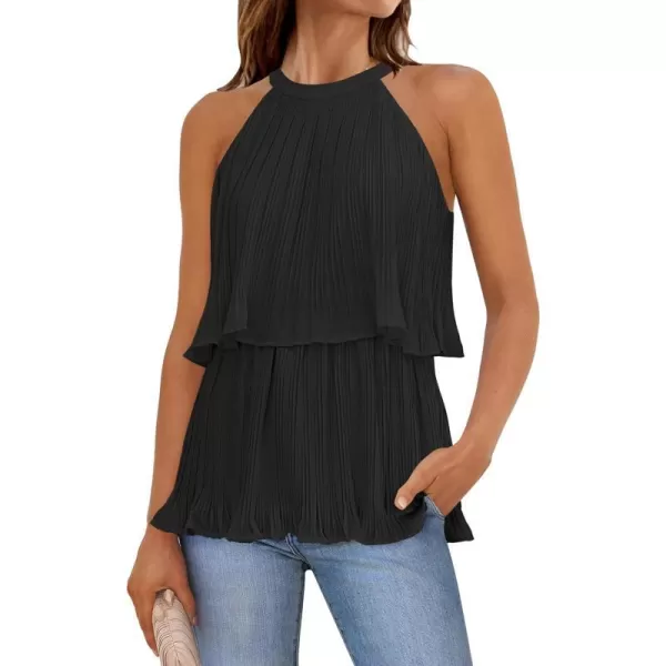 imageZESICA Womens 2024 Summer Halter Tank Tops Casual Sleeveless Ruffle Tiered Layered Chiffon Flowy Blouse ShirtsBlack