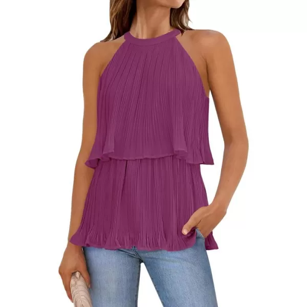 imageZESICA Womens 2024 Summer Halter Tank Tops Casual Sleeveless Ruffle Tiered Layered Chiffon Flowy Blouse ShirtsEggplant