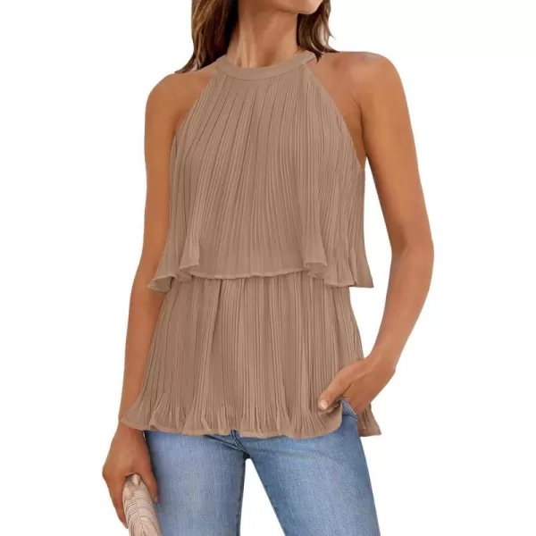imageZESICA Womens 2024 Summer Halter Tank Tops Casual Sleeveless Ruffle Tiered Layered Chiffon Flowy Blouse ShirtsKhaki