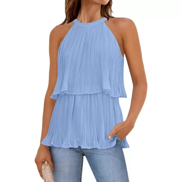 imageZESICA Womens 2024 Summer Halter Tank Tops Casual Sleeveless Ruffle Tiered Layered Chiffon Flowy Blouse ShirtsLightblue