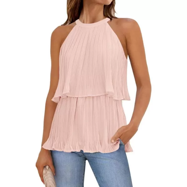 imageZESICA Womens 2024 Summer Halter Tank Tops Casual Sleeveless Ruffle Tiered Layered Chiffon Flowy Blouse ShirtsPink