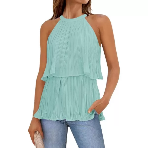 imageZESICA Womens 2024 Summer Halter Tank Tops Casual Sleeveless Ruffle Tiered Layered Chiffon Flowy Blouse ShirtsSage