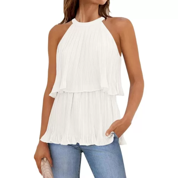 imageZESICA Womens 2024 Summer Halter Tank Tops Casual Sleeveless Ruffle Tiered Layered Chiffon Flowy Blouse ShirtsWhite