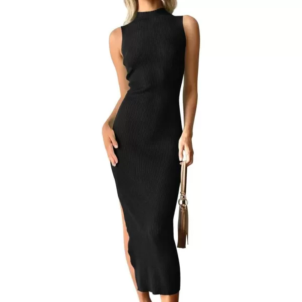 imageZESICA Womens 2024 Summer Knitted Sweater Dress Sleeveless Mock Neck Ribbed Side Slit Bodycon Tank Midi DressesBlack
