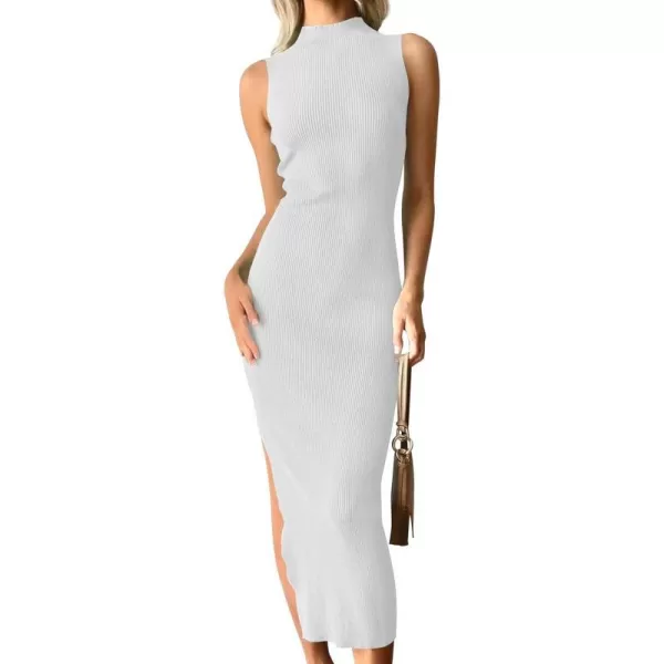 imageZESICA Womens 2024 Summer Knitted Sweater Dress Sleeveless Mock Neck Ribbed Side Slit Bodycon Tank Midi DressesWhite