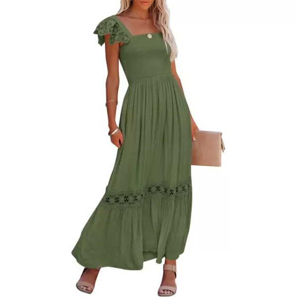 imageZESICA Womens 2024 Summer Lace Strap Sleeveless Square Neck Smocked High Waist Ruffle Hollow Out Flowy A Line Maxi DressArmygreen