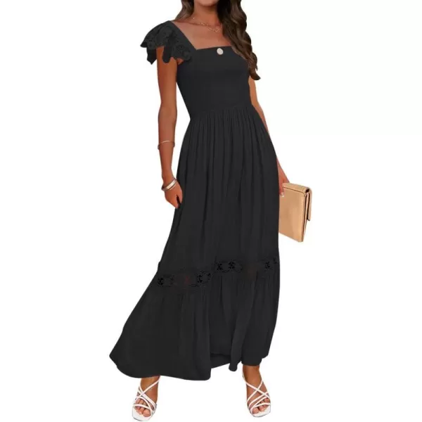 imageZESICA Womens 2024 Summer Lace Strap Sleeveless Square Neck Smocked High Waist Ruffle Hollow Out Flowy A Line Maxi DressBlack
