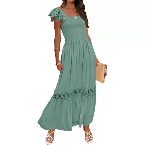 imageZESICA Womens 2024 Summer Lace Strap Sleeveless Square Neck Smocked High Waist Ruffle Hollow Out Flowy A Line Maxi DressGreen