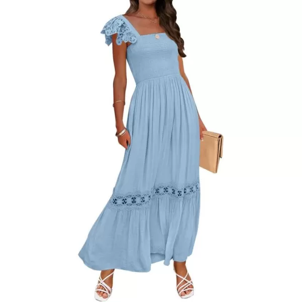 imageZESICA Womens 2024 Summer Lace Strap Sleeveless Square Neck Smocked High Waist Ruffle Hollow Out Flowy A Line Maxi DressLightblue