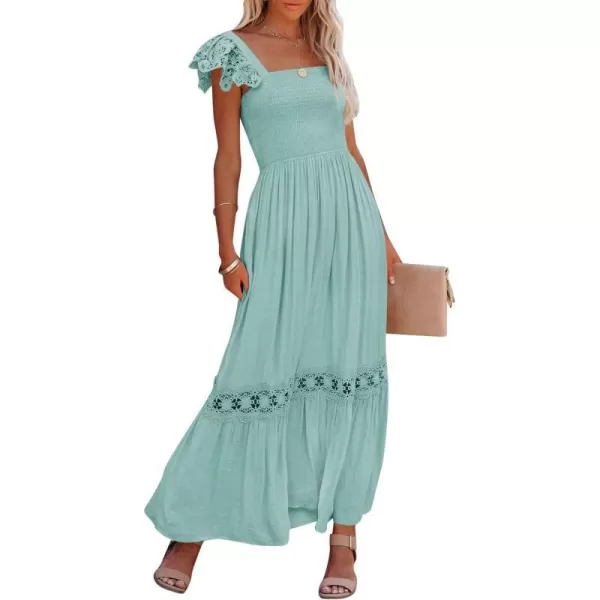imageZESICA Womens 2024 Summer Lace Strap Sleeveless Square Neck Smocked High Waist Ruffle Hollow Out Flowy A Line Maxi DressLightgreen