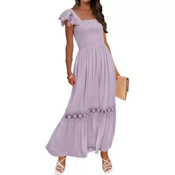imageZESICA Womens 2024 Summer Lace Strap Sleeveless Square Neck Smocked High Waist Ruffle Hollow Out Flowy A Line Maxi DressLightpurple