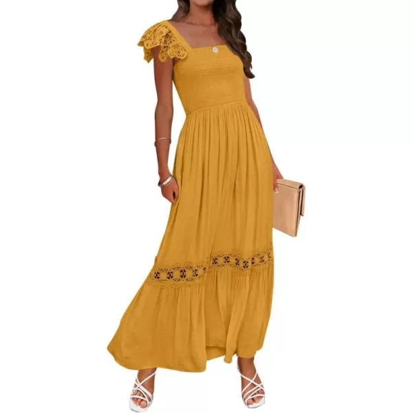 imageZESICA Womens 2024 Summer Lace Strap Sleeveless Square Neck Smocked High Waist Ruffle Hollow Out Flowy A Line Maxi DressMustard
