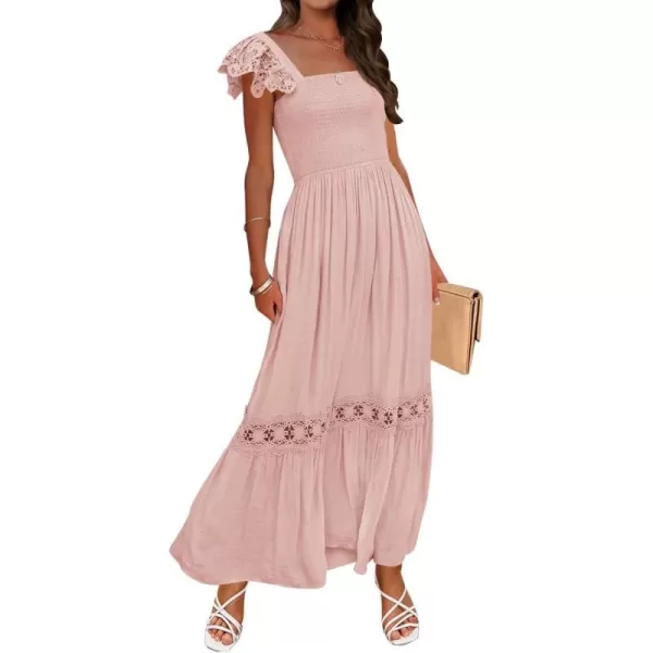 imageZESICA Womens 2024 Summer Lace Strap Sleeveless Square Neck Smocked High Waist Ruffle Hollow Out Flowy A Line Maxi DressPink