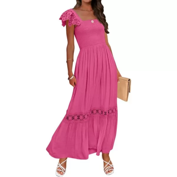 imageZESICA Womens 2024 Summer Lace Strap Sleeveless Square Neck Smocked High Waist Ruffle Hollow Out Flowy A Line Maxi DressRose