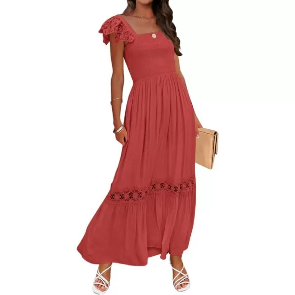 imageZESICA Womens 2024 Summer Lace Strap Sleeveless Square Neck Smocked High Waist Ruffle Hollow Out Flowy A Line Maxi DressRust
