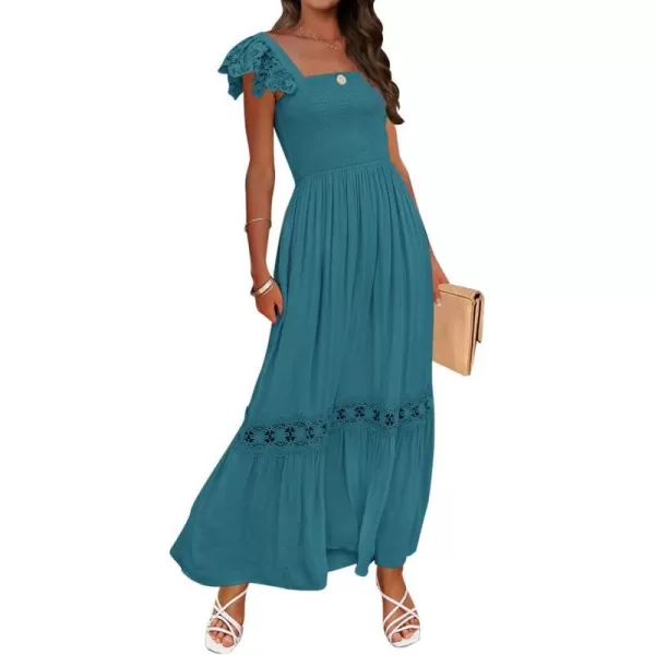imageZESICA Womens 2024 Summer Lace Strap Sleeveless Square Neck Smocked High Waist Ruffle Hollow Out Flowy A Line Maxi DressTeal