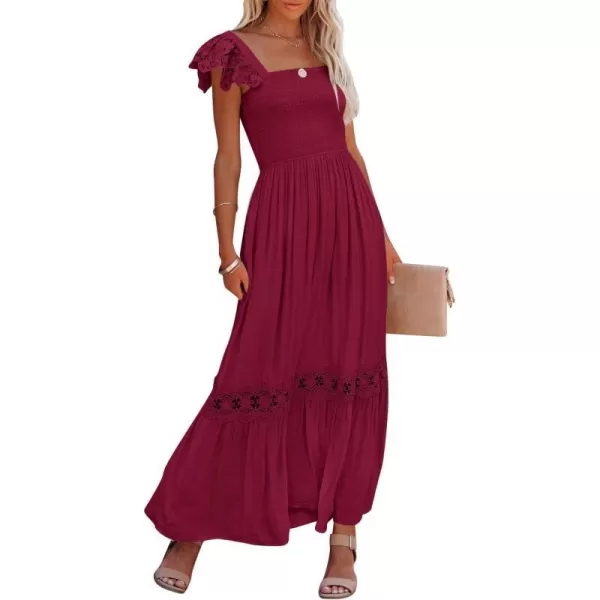 imageZESICA Womens 2024 Summer Lace Strap Sleeveless Square Neck Smocked High Waist Ruffle Hollow Out Flowy A Line Maxi DressWine
