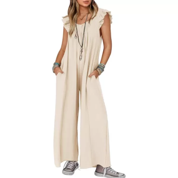 imageZESICA Womens 2024 Summer Loose Jumpsuit Casual V Neck Flutter Short Sleeve Oversized Wide Leg Pant Long Overalls RomperApricot