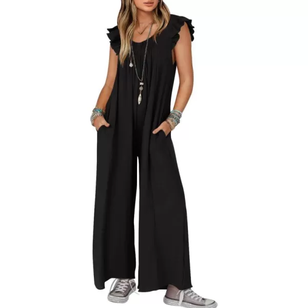 imageZESICA Womens 2024 Summer Loose Jumpsuit Casual V Neck Flutter Short Sleeve Oversized Wide Leg Pant Long Overalls RomperBlack
