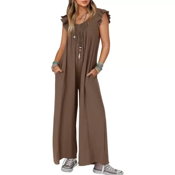 imageZESICA Womens 2024 Summer Loose Jumpsuit Casual V Neck Flutter Short Sleeve Oversized Wide Leg Pant Long Overalls RomperCoffee