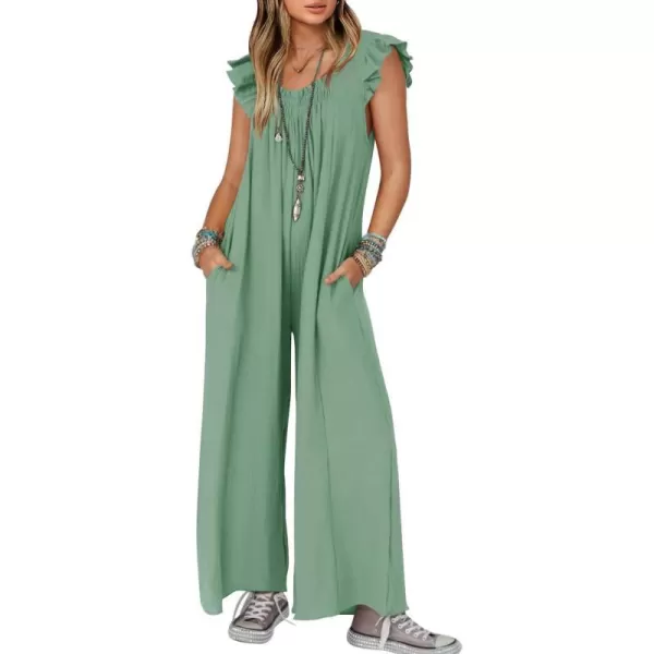 imageZESICA Womens 2024 Summer Loose Jumpsuit Casual V Neck Flutter Short Sleeve Oversized Wide Leg Pant Long Overalls RomperGreen