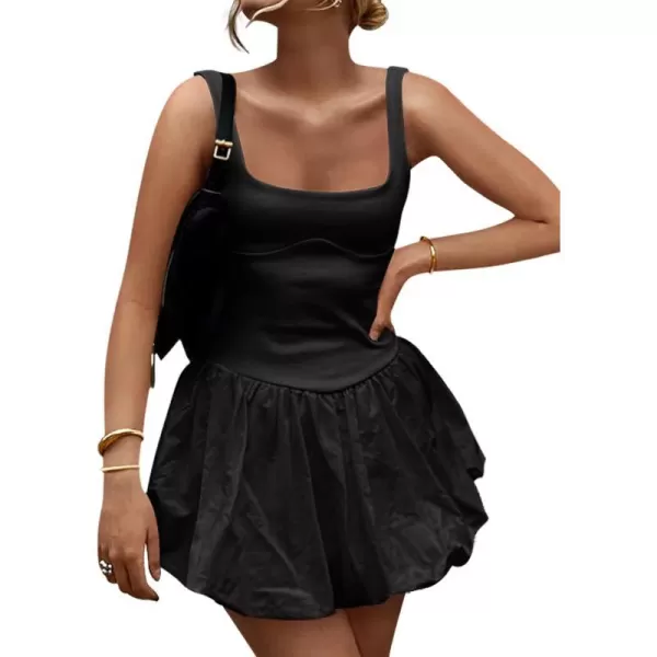 imageZESICA Womens 2024 Summer Mini Dress Tank Sleeveless Square Neck Solid Color Puffy Beach Short Dresses SundressBlack