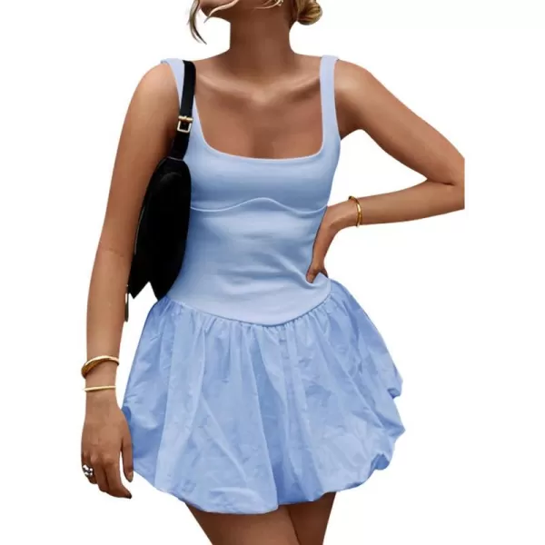 imageZESICA Womens 2024 Summer Mini Dress Tank Sleeveless Square Neck Solid Color Puffy Beach Short Dresses SundressBlue