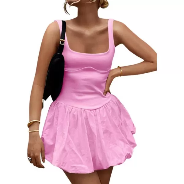 imageZESICA Womens 2024 Summer Mini Dress Tank Sleeveless Square Neck Solid Color Puffy Beach Short Dresses SundressPink