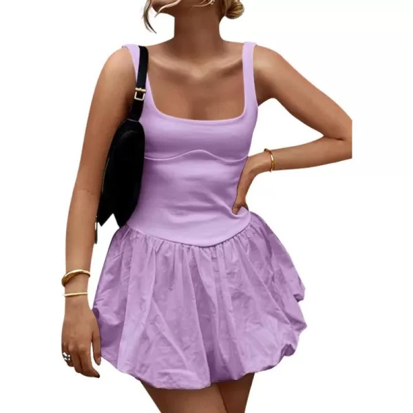 imageZESICA Womens 2024 Summer Mini Dress Tank Sleeveless Square Neck Solid Color Puffy Beach Short Dresses SundressPurple