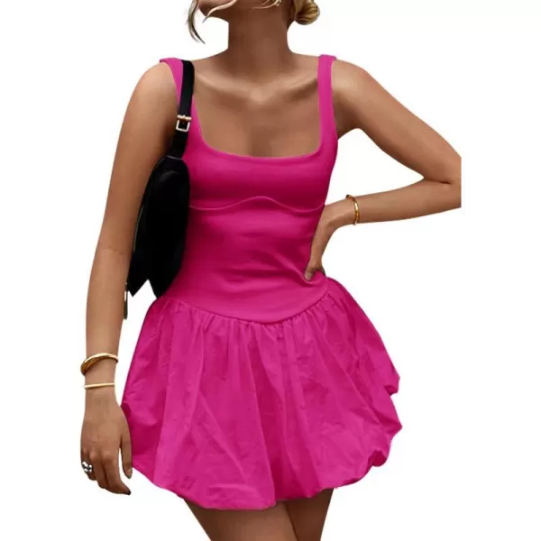 imageZESICA Womens 2024 Summer Mini Dress Tank Sleeveless Square Neck Solid Color Puffy Beach Short Dresses SundressRouge Rose