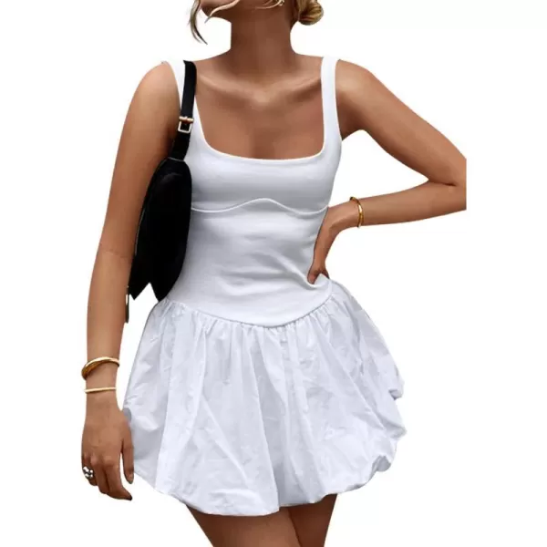 imageZESICA Womens 2024 Summer Mini Dress Tank Sleeveless Square Neck Solid Color Puffy Beach Short Dresses SundressWhite