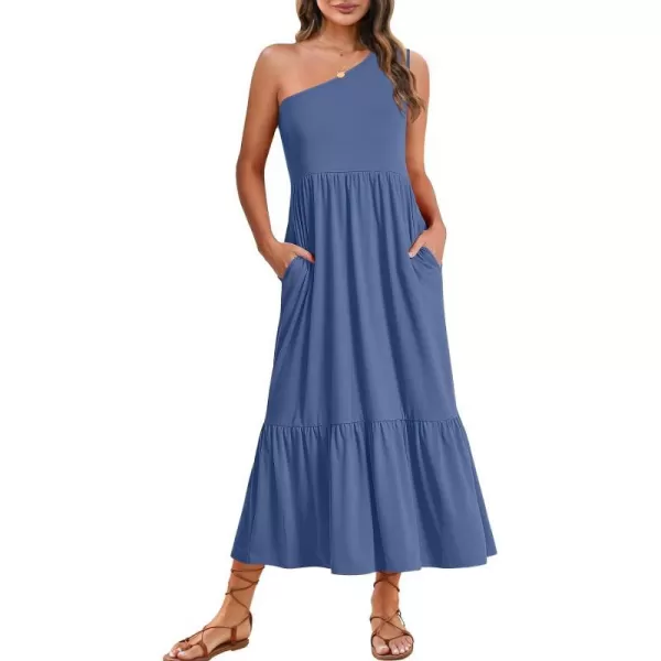 imageZESICA Womens 2024 Summer One Shoulder Sleeveless Casual Tiered Flowy Beach Boho Maxi Dress with PocketsDusty Blue