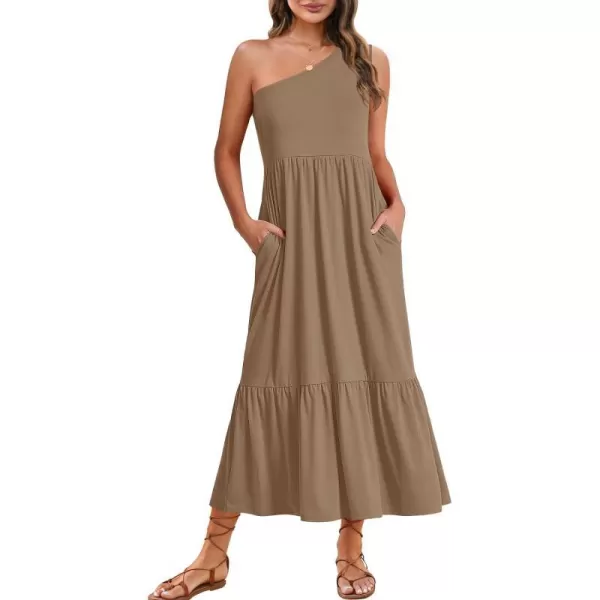 imageZESICA Womens 2024 Summer One Shoulder Sleeveless Casual Tiered Flowy Beach Boho Maxi Dress with PocketsKhaki