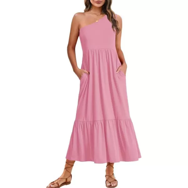 imageZESICA Womens 2024 Summer One Shoulder Sleeveless Casual Tiered Flowy Beach Boho Maxi Dress with PocketsPink