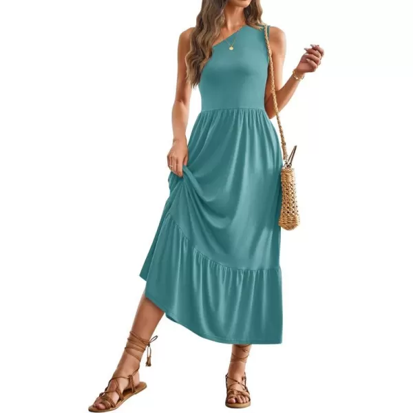 imageZESICA Womens 2024 Summer One Shoulder Sleeveless Casual Tiered Flowy Beach Boho Maxi Dress with PocketsTurquoise