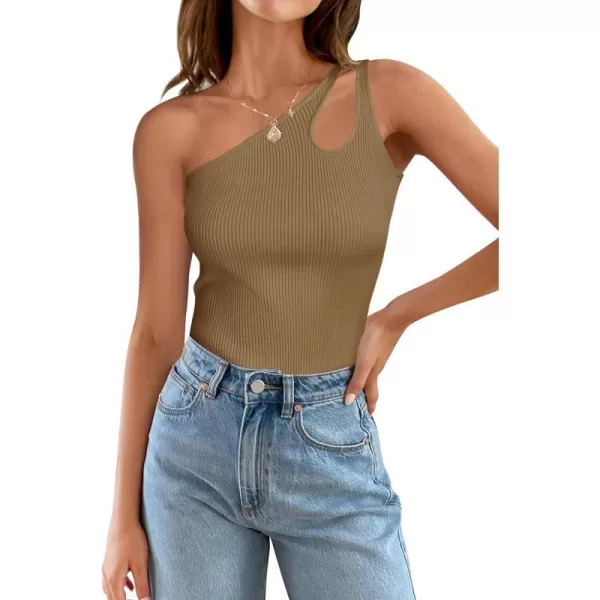 imageZESICA Womens 2024 Summer One Shoulder Tank Tops Sleeveless Cut Out Ribbed Knit Slim Fitted Basic Casual T ShirtsBrown