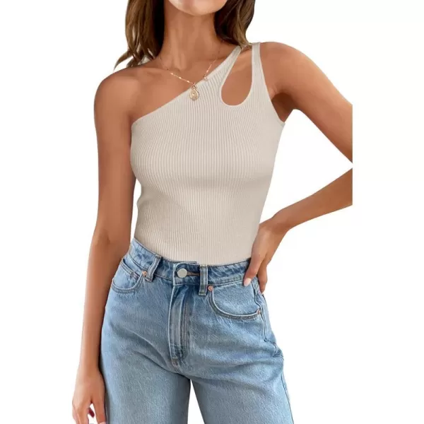 imageZESICA Womens 2024 Summer One Shoulder Tank Tops Sleeveless Cut Out Ribbed Knit Slim Fitted Basic Casual T ShirtsSand