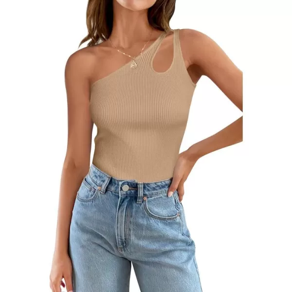 imageZESICA Womens 2024 Summer One Shoulder Tank Tops Sleeveless Cut Out Ribbed Knit Slim Fitted Basic Casual T ShirtsToffee