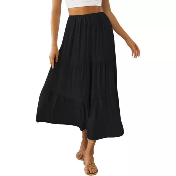 imageZESICA Womens 2024 Summer Plaid Flower Print Elastic High Waist Flowy A Line Maxi Skirt with PocketsBlack