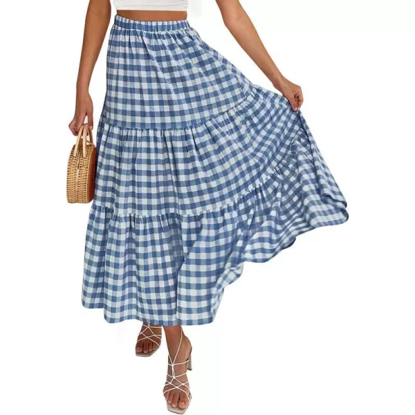imageZESICA Womens 2024 Summer Plaid Flower Print Elastic High Waist Flowy A Line Maxi Skirt with PocketsDustyblue