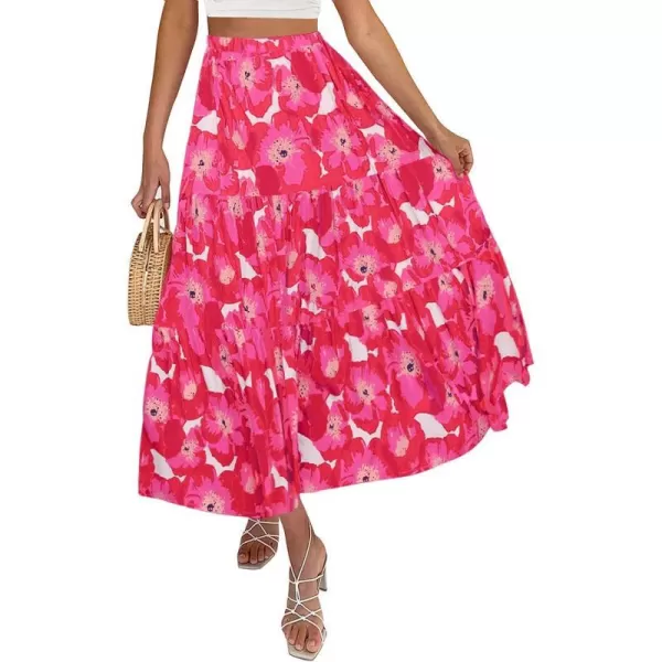 imageZESICA Womens 2024 Summer Plaid Flower Print Elastic High Waist Flowy A Line Maxi Skirt with PocketsMagenta