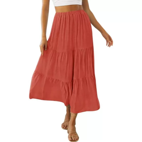 imageZESICA Womens 2024 Summer Plaid Flower Print Elastic High Waist Flowy A Line Maxi Skirt with PocketsRust