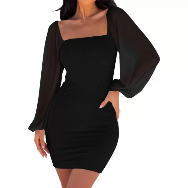 imageZESICA Womens 2024 Summer Puff Long Sleeve Square Neck Ruched Bodycon Cocktail Party Club Short Mini DressBlack